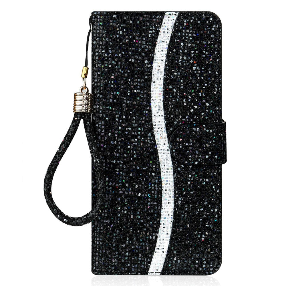 Samsung Galaxy A24 Læder Flip Cover m. Pung & Strop - Glitter Design - Sort