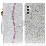 Samsung Galaxy A24 Læder Flip Cover m. Pung & Strop - Glitter Design - Sølv