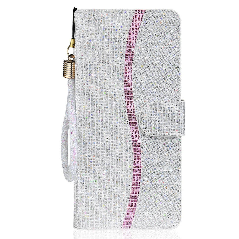 Samsung Galaxy A24 Læder Flip Cover m. Pung & Strop - Glitter Design - Sølv