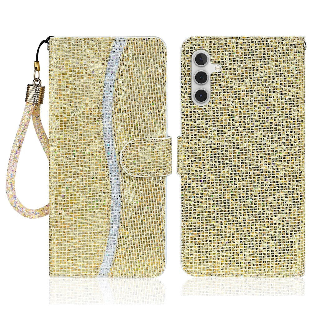 Samsung Galaxy A24 Læder Flip Cover m. Pung & Strop - Glitter Design - Guld