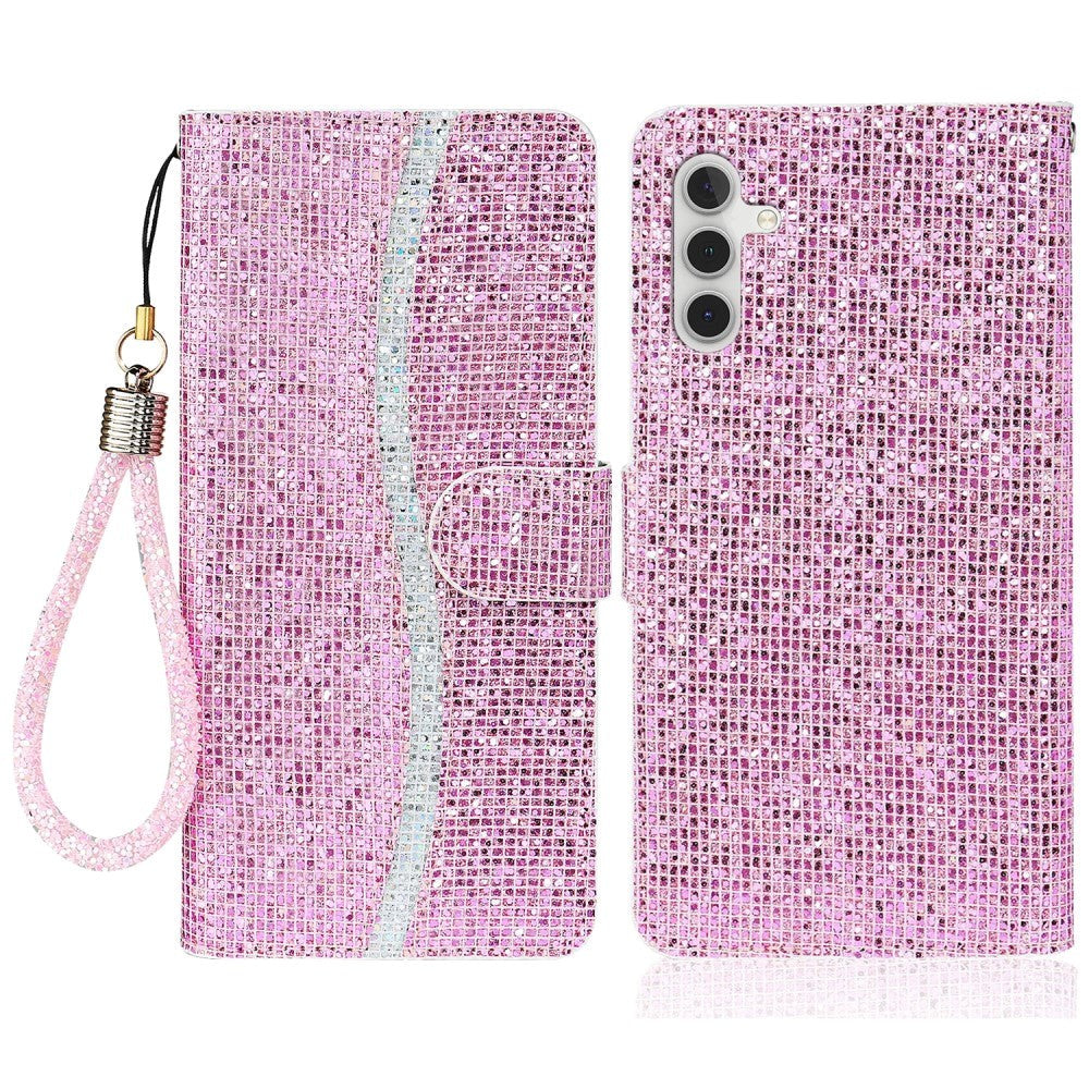 Samsung Galaxy A34 (5G) Læder Flip Cover m. Pung & Strop - Glitter Design - Lyserød