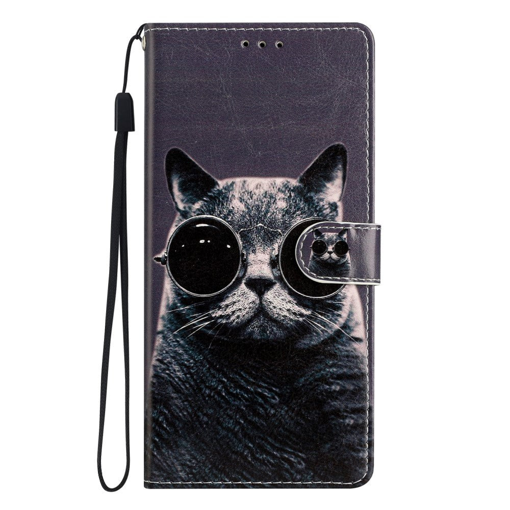 Google Pixel 7 Kunst Læder Flip Cover m. Pung og Strop - Solbrille Kat