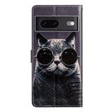 Google Pixel 7 Kunst Læder Flip Cover m. Pung og Strop - Solbrille Kat