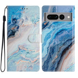 Google Pixel 7 Pro Kunst Læder Flip Cover m. Pung og Strop - Blå Marmor