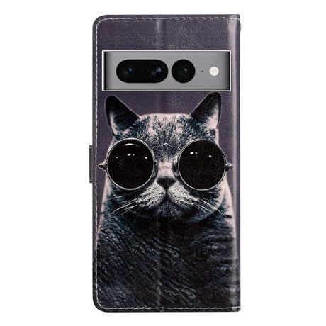 Google Pixel 7 Pro Kunst Læder Flip Cover m. Pung og Strop - Kat m. Briller