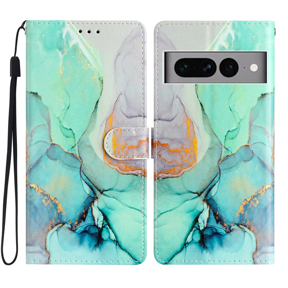 Google Pixel 7 Pro Kunst Læder Flip Cover m. Pung og Strop - Grøn Marmor