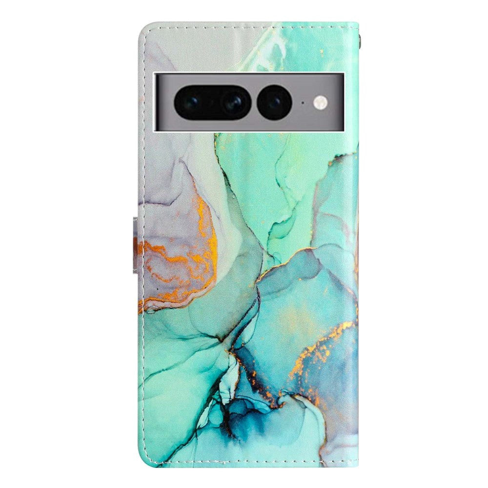 Google Pixel 7 Pro Kunst Læder Flip Cover m. Pung og Strop - Grøn Marmor