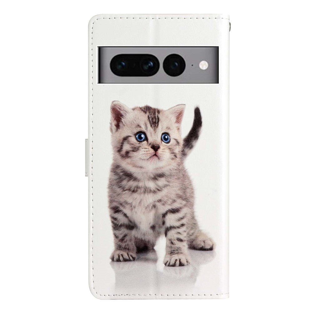 Google Pixel 7 Pro Kunst Læder Flip Cover m. Pung og Strop - Sød Kat