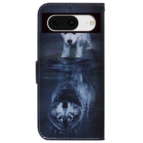 Google Pixel 8 Læder Flip Cover m. Pung & Print - Hund & Ulv