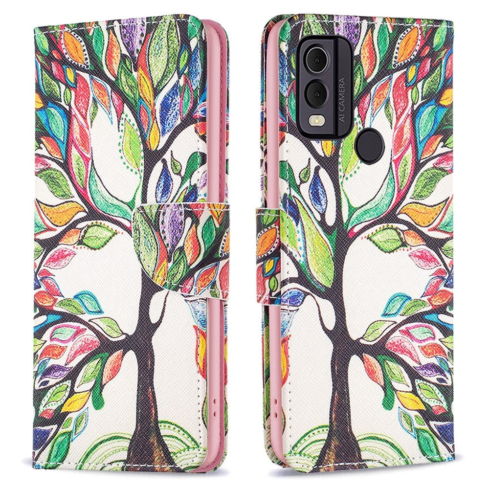 Nokia C22 Læder Flip Cover m. Pung & Print - Farverigt Træ