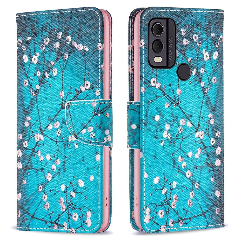 Nokia C22 Læder Flip Cover m. Pung & Print - Træ med Blomster