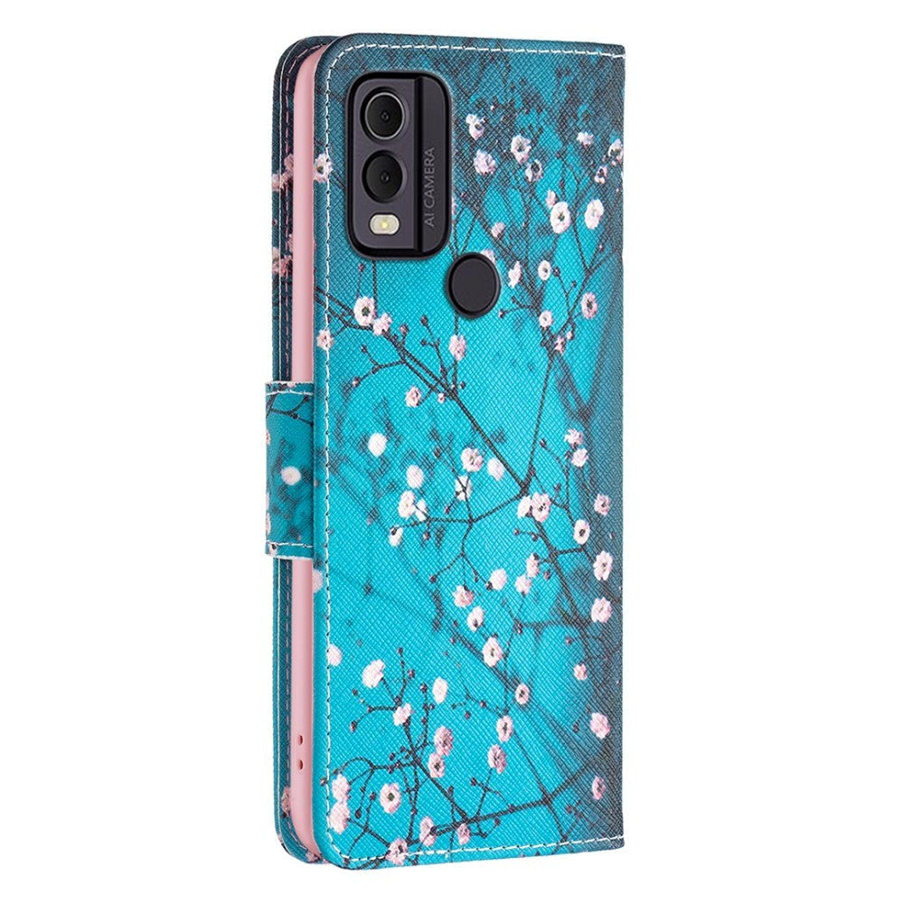 Nokia C22 Læder Flip Cover m. Pung & Print - Træ med Blomster