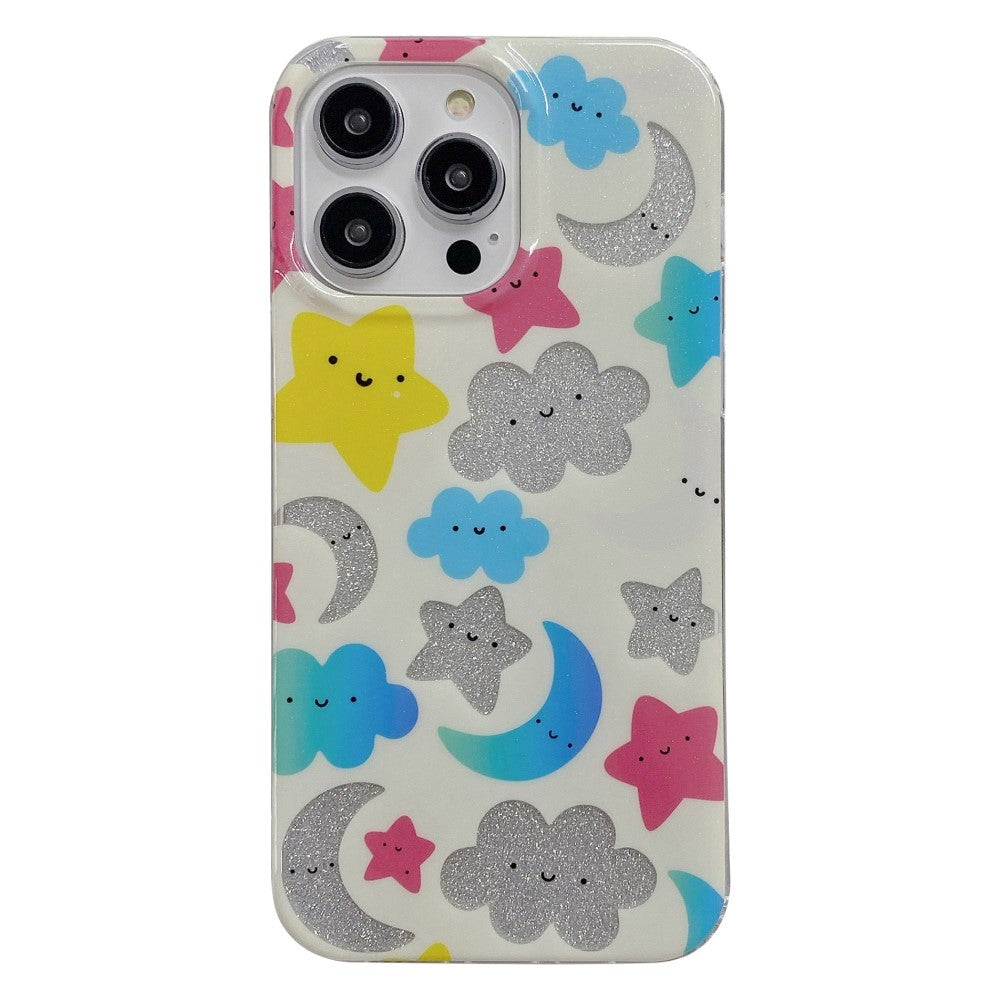 iPhone 14 Pro Glitter Plastik Bagside Cover - Hvid / Stjerner & Måner