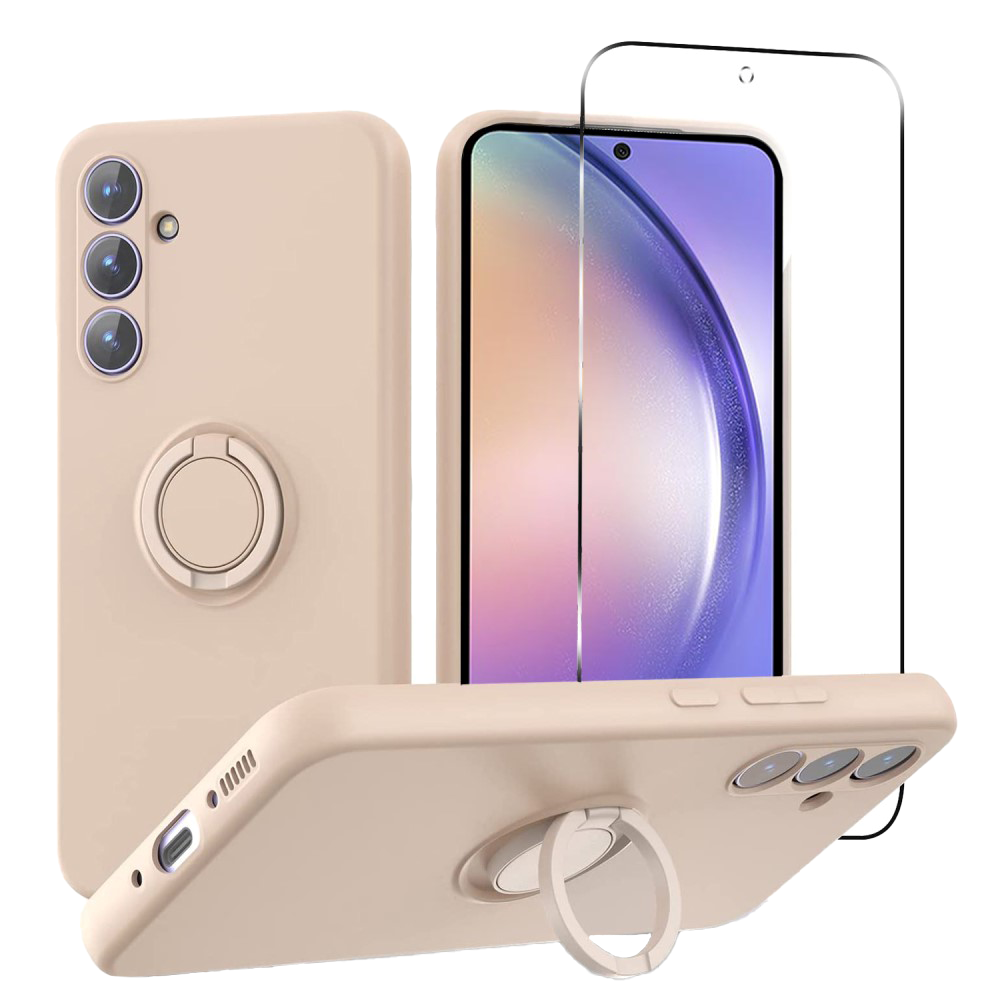 Samsung Galaxy A54 (5G) Hærdet Glas Skærmbeskyttelse + Silikone Bagside Cover med Ring Holder & Strop - Lyserød