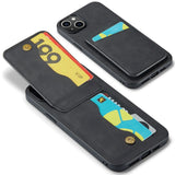 iPhone 14 Læderbelagt Plastik Bagside Cover m. Kortholdere og Ståfunktion - Sort