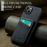 iPhone 14 Læderbelagt Plastik Bagside Cover m. Kortholdere og Ståfunktion - Sort