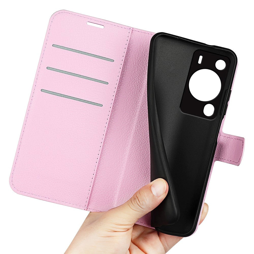 Huawei P60 Pro Litchi Læder Flip Cover m. Pung - Lyserød