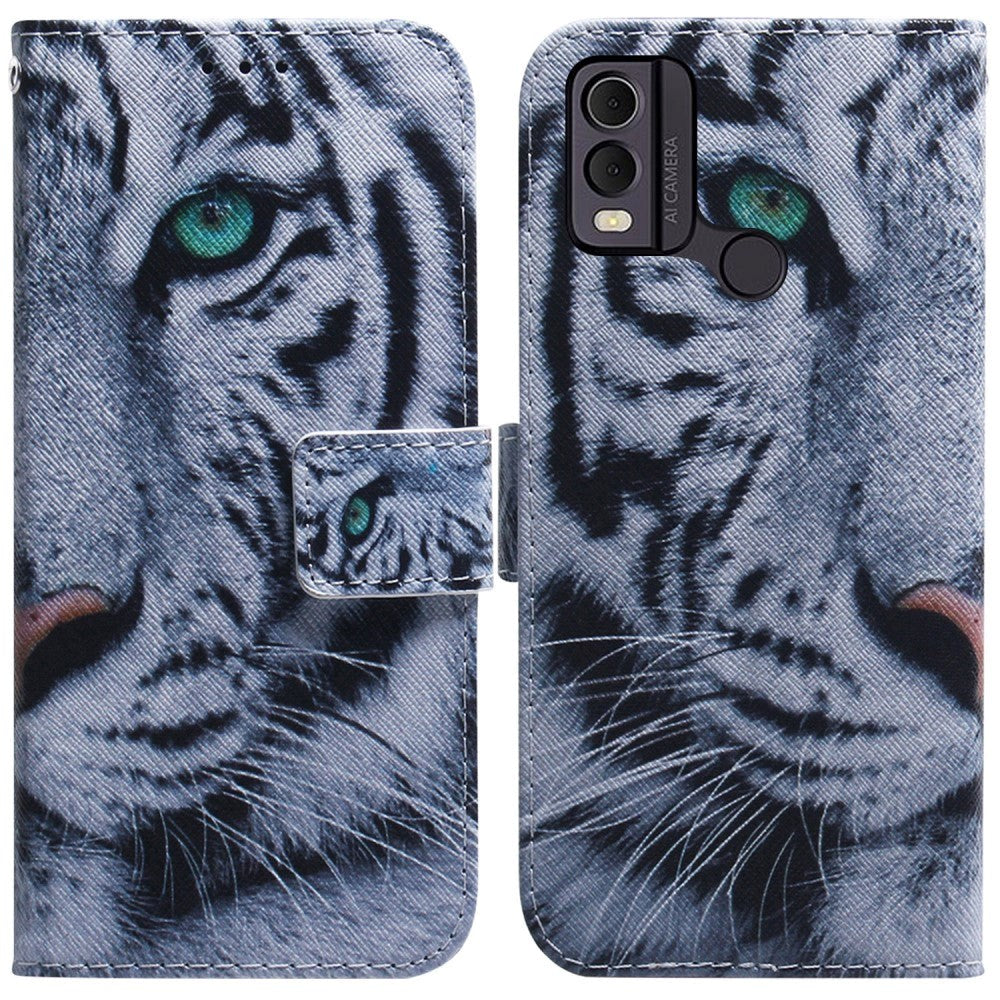 Nokia C22 Læder Flip Cover m. Pung & Print - Tiger