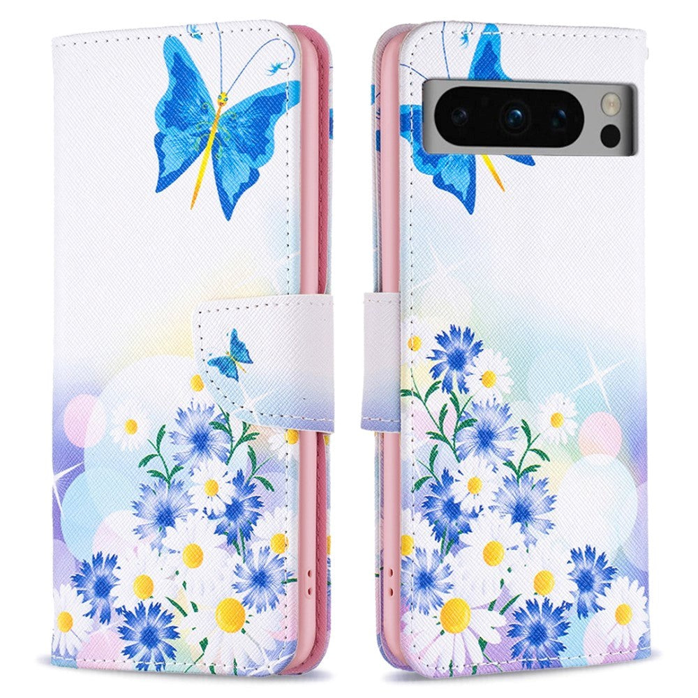 Google Pixel 8 Pro Læder Flip Cover m. Pung - Sommerfugle & Blomster