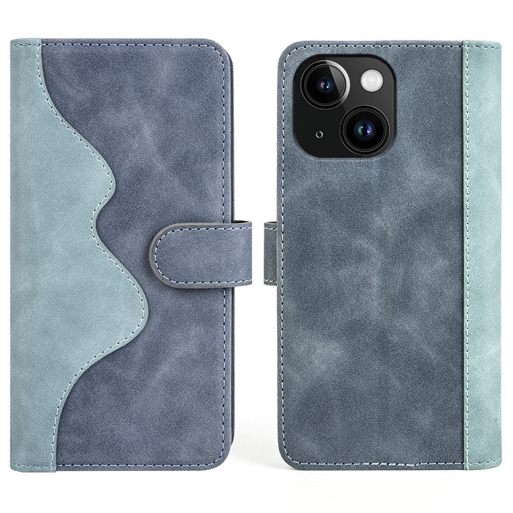 iPhone 15 Multifarvet Læder Flip Cover m. Kortholder - Grøn / Blå