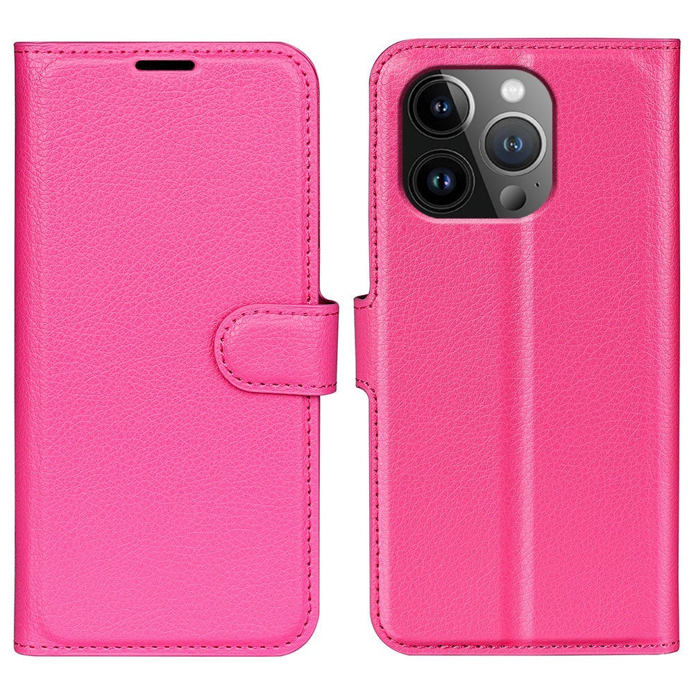 iPhone 15 Pro Max Litchi Læder Flip Cover m. Pung - Pink