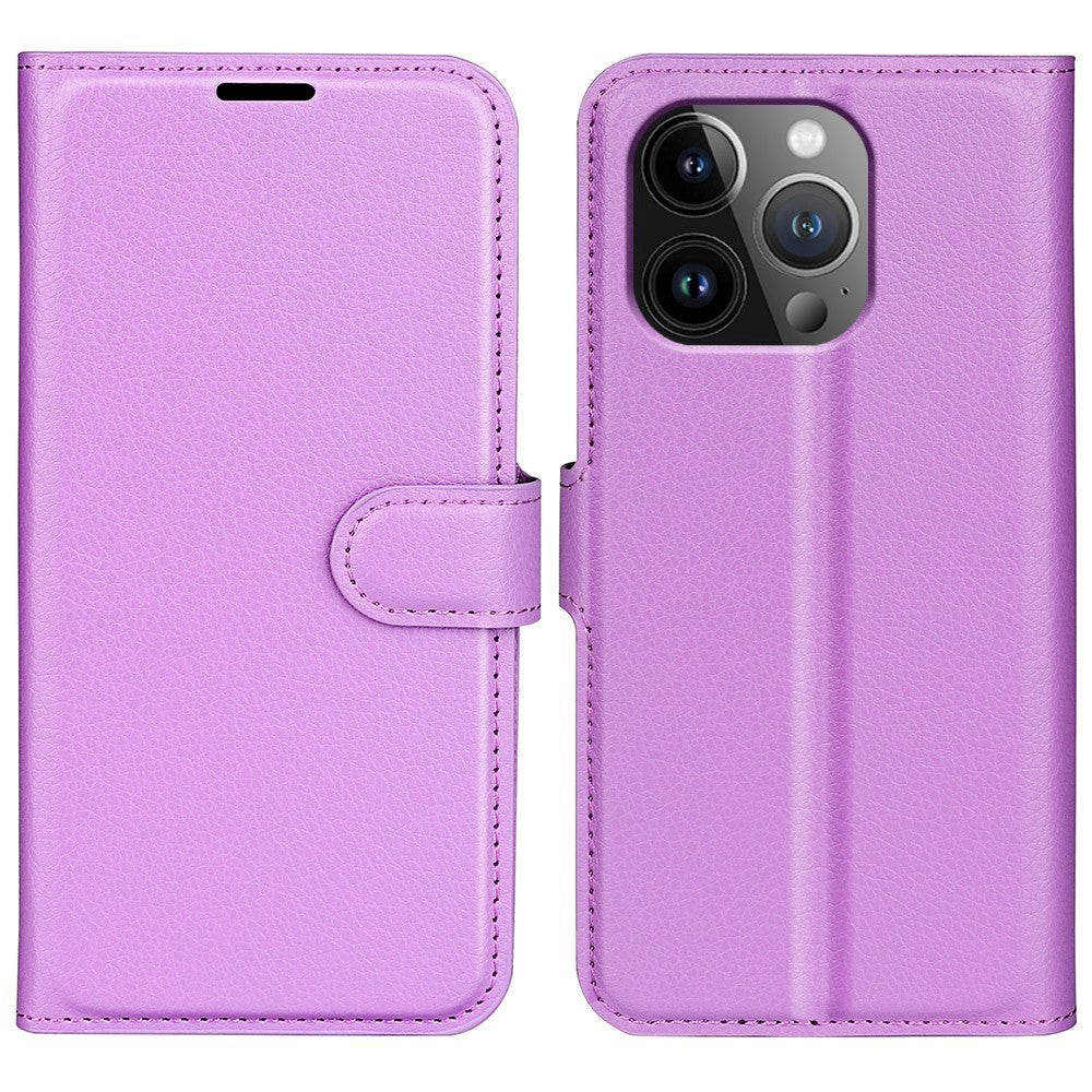 iPhone 15 Pro Max Litchi Læder Flip Cover m. Pung - Lilla