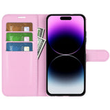 iPhone 15 Pro Litchi Læder Flip Cover m. Pung - Pink