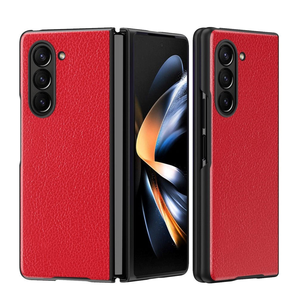 Samsung Galaxy Z Fold5 5G Læderbetrukket Litchi Bagside Cover - Rød