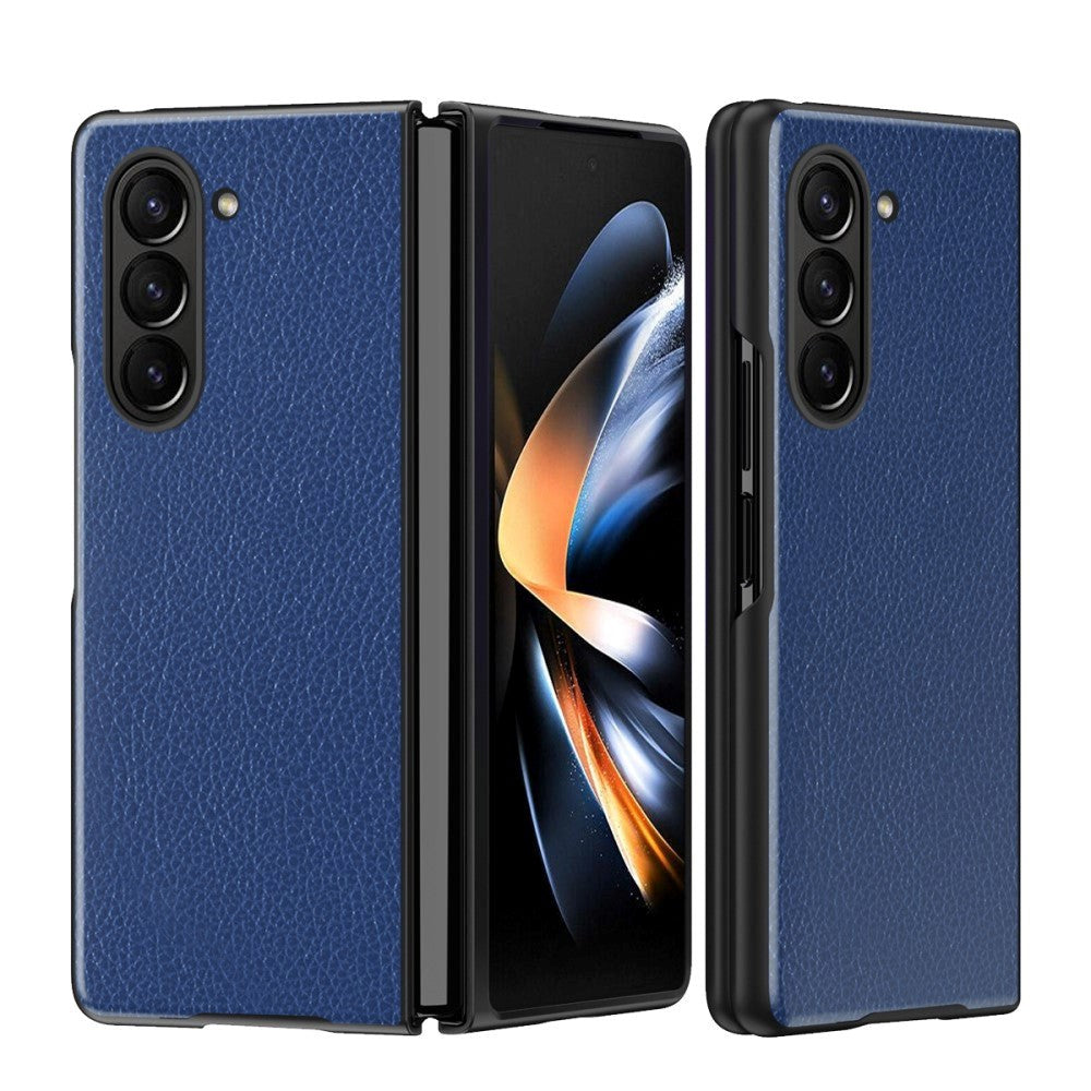 Samsung Galaxy Z Fold5 5G Læderbetrukket Litchi Bagside Cover - Blå