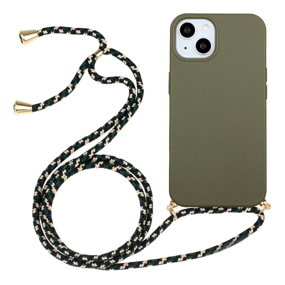 iPhone 15 Plus Fleksibelt Plastik Bagside Cover m. Snor / Strop - Army Grøn