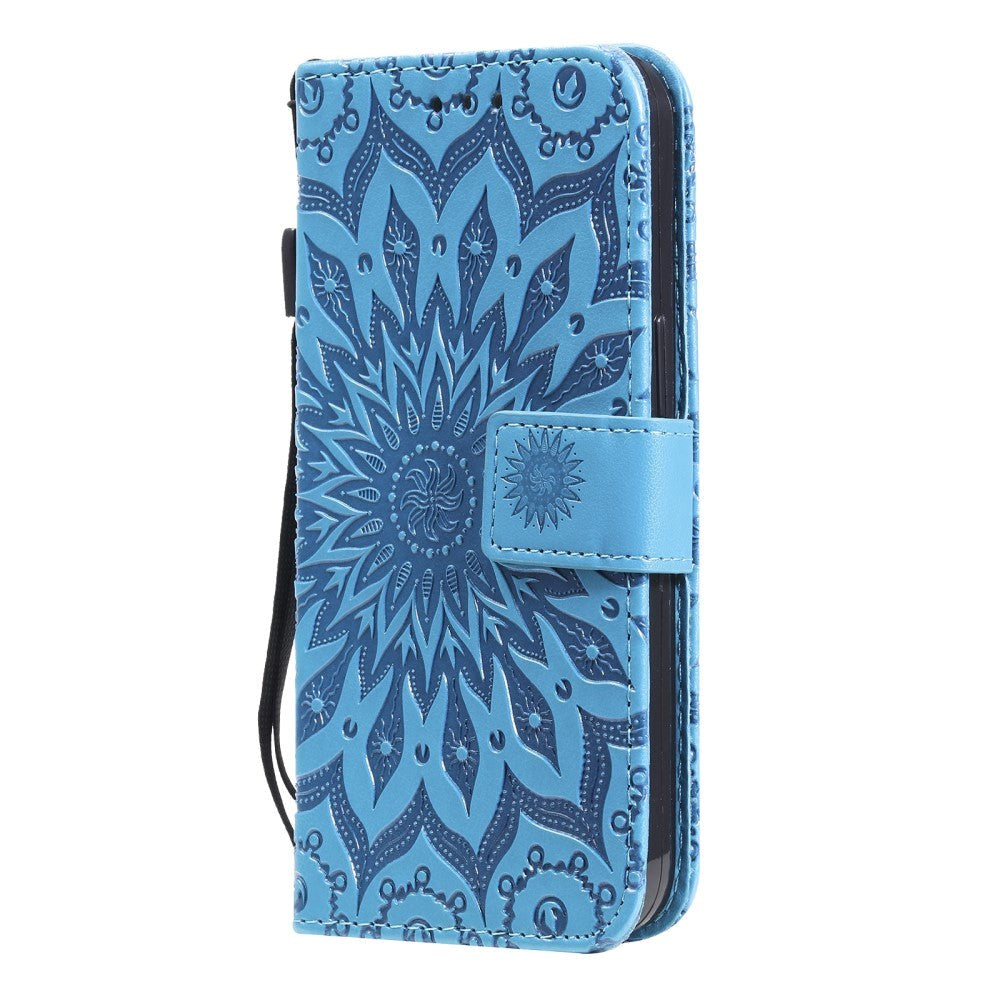 iPhone 15 Læder Flip Cover m. Pung og Strop - Mandala Blomst - Blå