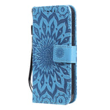 iPhone 15 Læder Flip Cover m. Pung og Strop - Mandala Blomst - Blå