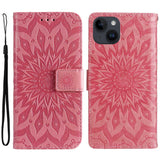 iPhone 15 Læder Flip Cover m. Pung og Strop - Mandala Blomst - Lyserød