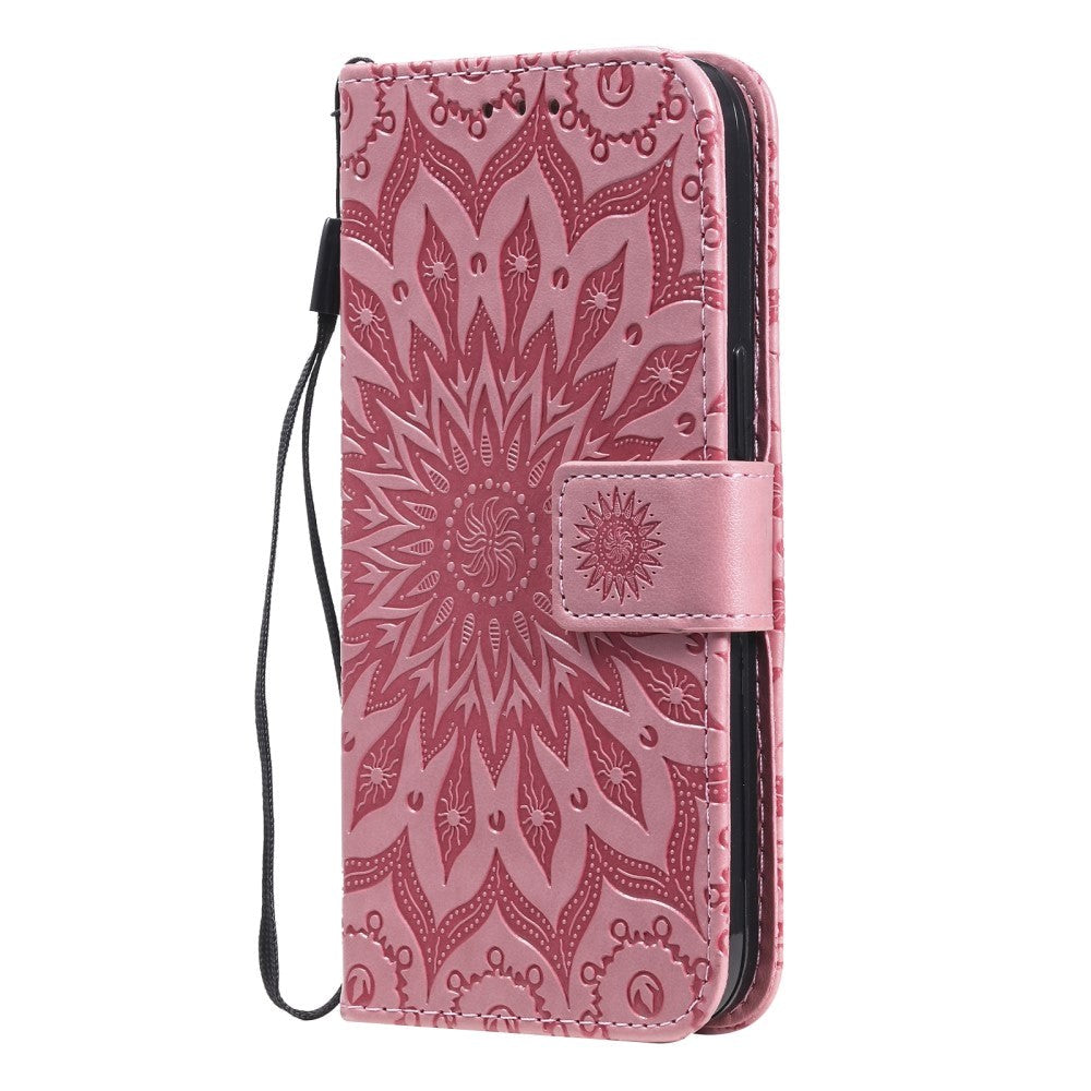 iPhone 15 Læder Flip Cover m. Pung og Strop - Mandala Blomst - Lyserød