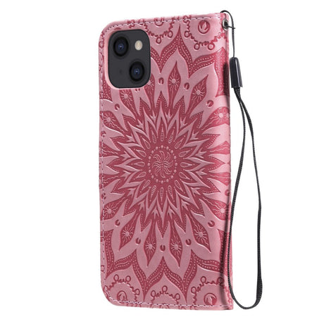 iPhone 15 Læder Flip Cover m. Pung og Strop - Mandala Blomst - Lyserød