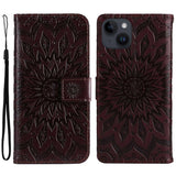 iPhone 15 Læder Flip Cover m. Pung og Strop - Mandala Blomst - Mørkebrun