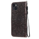 iPhone 15 Læder Flip Cover m. Pung og Strop - Mandala Blomst - Mørkebrun