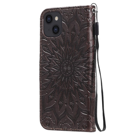 iPhone 15 Læder Flip Cover m. Pung og Strop - Mandala Blomst - Mørkebrun