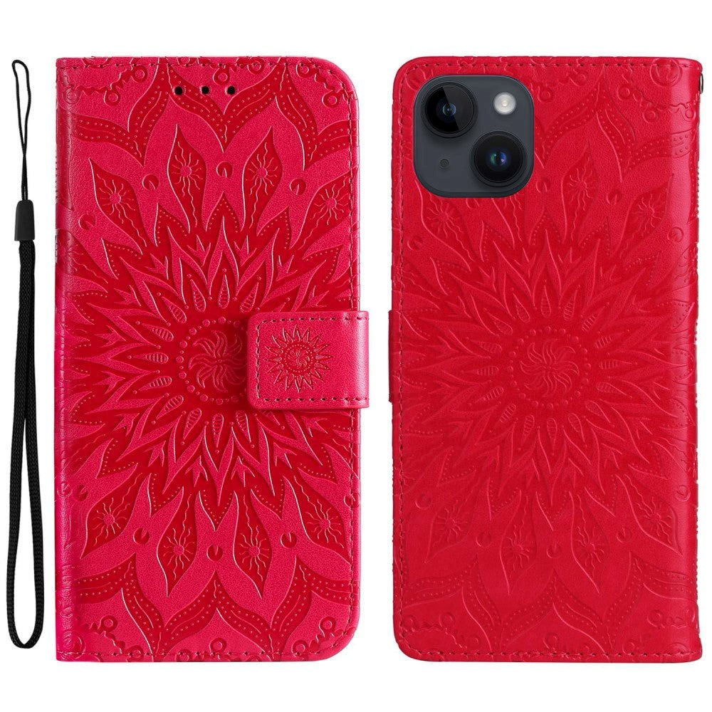 iPhone 15 Læder Flip Cover m. Pung og Strop - Mandala Blomst - Rød