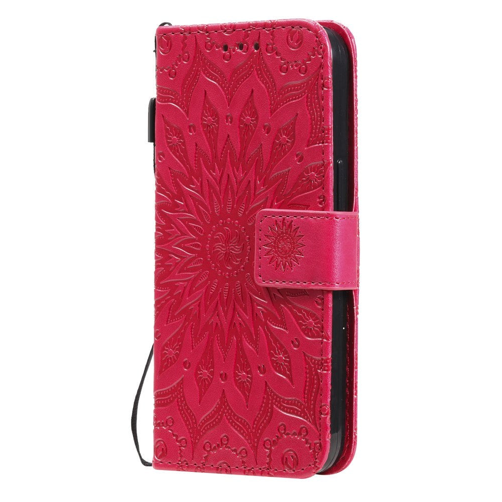 iPhone 15 Læder Flip Cover m. Pung og Strop - Mandala Blomst - Rød