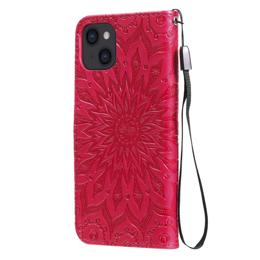 iPhone 15 Læder Flip Cover m. Pung og Strop - Mandala Blomst - Rød