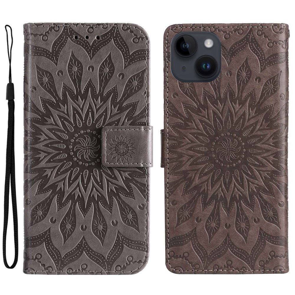 iPhone 15 Læder Flip Cover m. Pung og Strop - Mandala Blomst - Brun