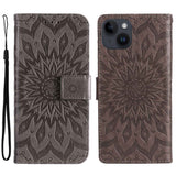 iPhone 15 Læder Flip Cover m. Pung og Strop - Mandala Blomst - Brun