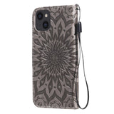 iPhone 15 Læder Flip Cover m. Pung og Strop - Mandala Blomst - Brun