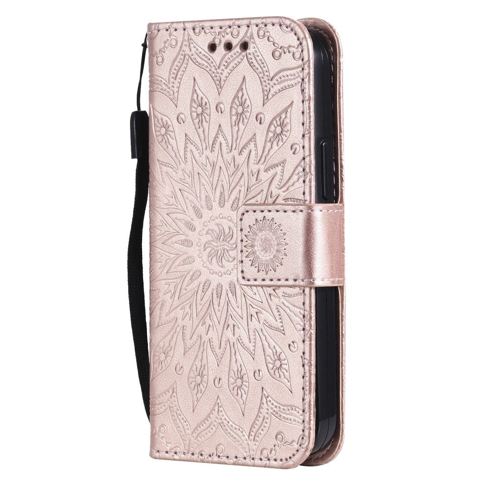 iPhone 15 Læder Flip Cover m. Pung og Strop - Mandala Blomst - Rose Gold