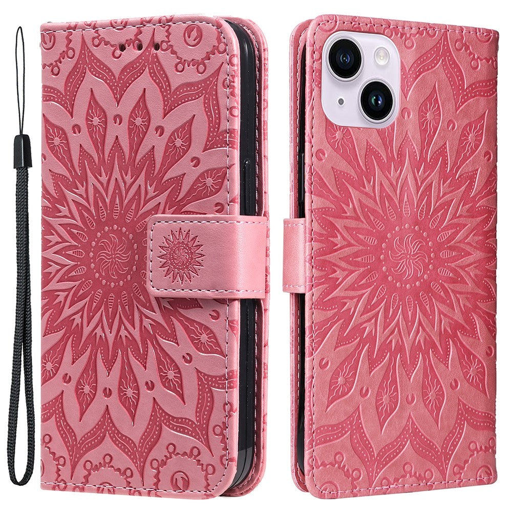 iPhone 15 Plus Læder Flip Cover m. Pung og Strop - Mandala Blomst - Lyserød