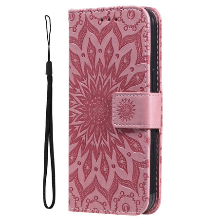 iPhone 15 Plus Læder Flip Cover m. Pung og Strop - Mandala Blomst - Lyserød