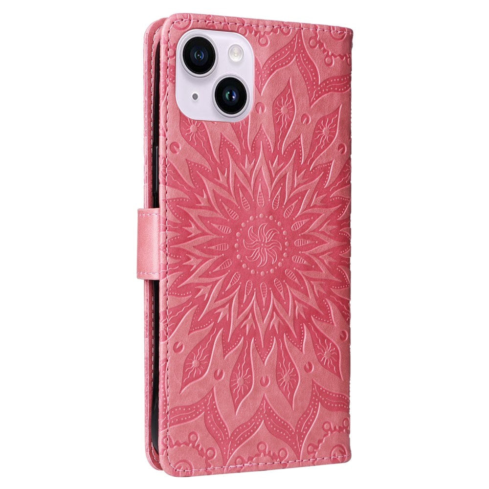 iPhone 15 Plus Læder Flip Cover m. Pung og Strop - Mandala Blomst - Lyserød