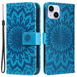 iPhone 15 Læder Flip Cover m. Pung og Strop - Mandala Blomst - Blå