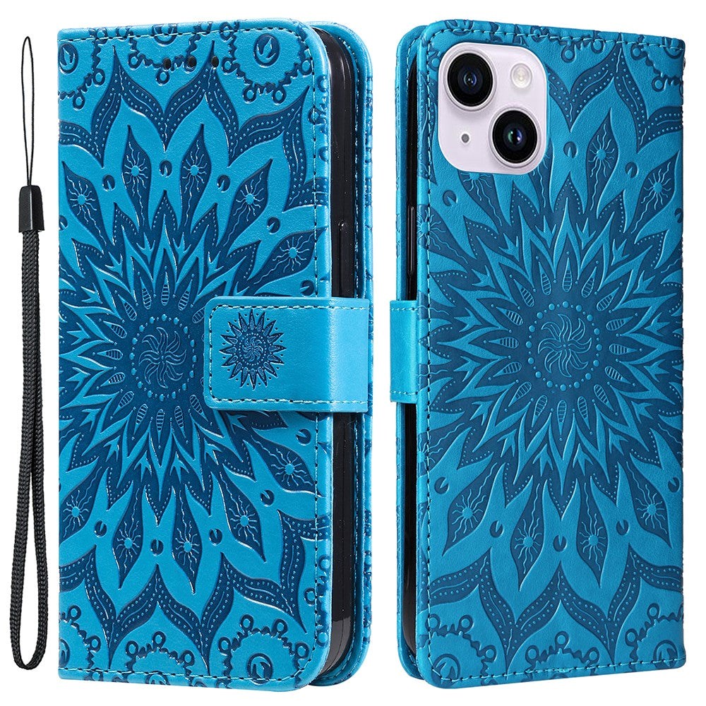 iPhone 15 Plus Læder Flip Cover m. Pung og Strop - Mandala Blomst - Blå